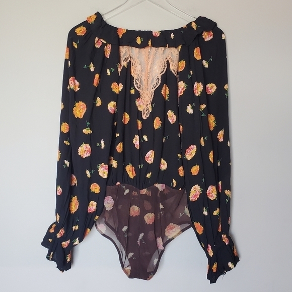 Free People Bodysuit Top Womens Extra Small Poppy Printed Long Sleeve Boho - Picture 6 of 9